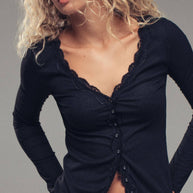 Lace Trim Button-Front Ribbed Knit Top