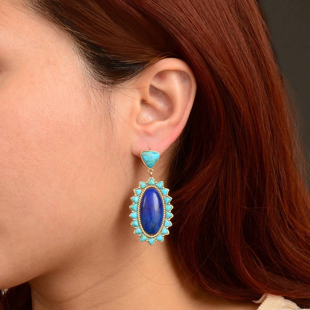 Oasis Royale Blue Lapis and Turquoise Golden Drop Earrings