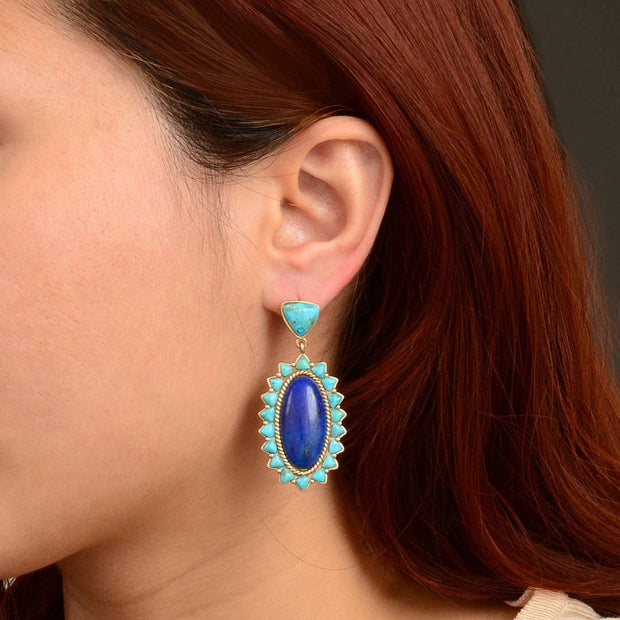 Oasis Royale Blue Lapis and Turquoise Golden Drop Earrings