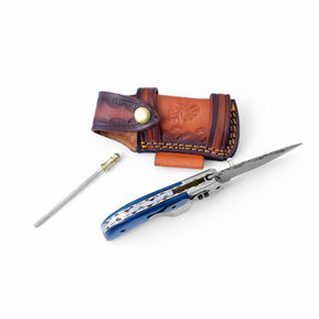 Damascus Steel Folding Knife Dyed Blue Bone