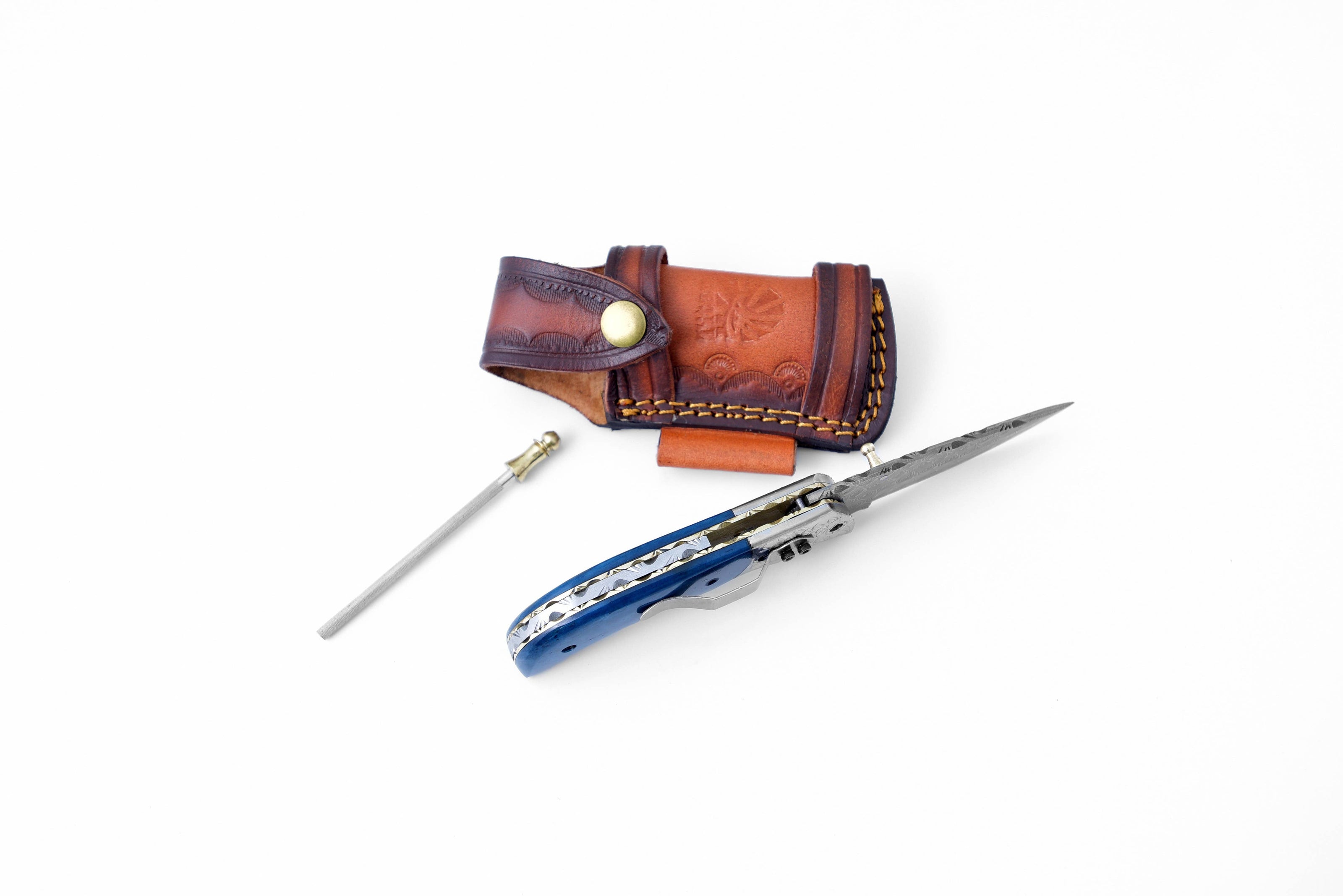 Damascus Steel Folding Knife Dyed Blue Bone