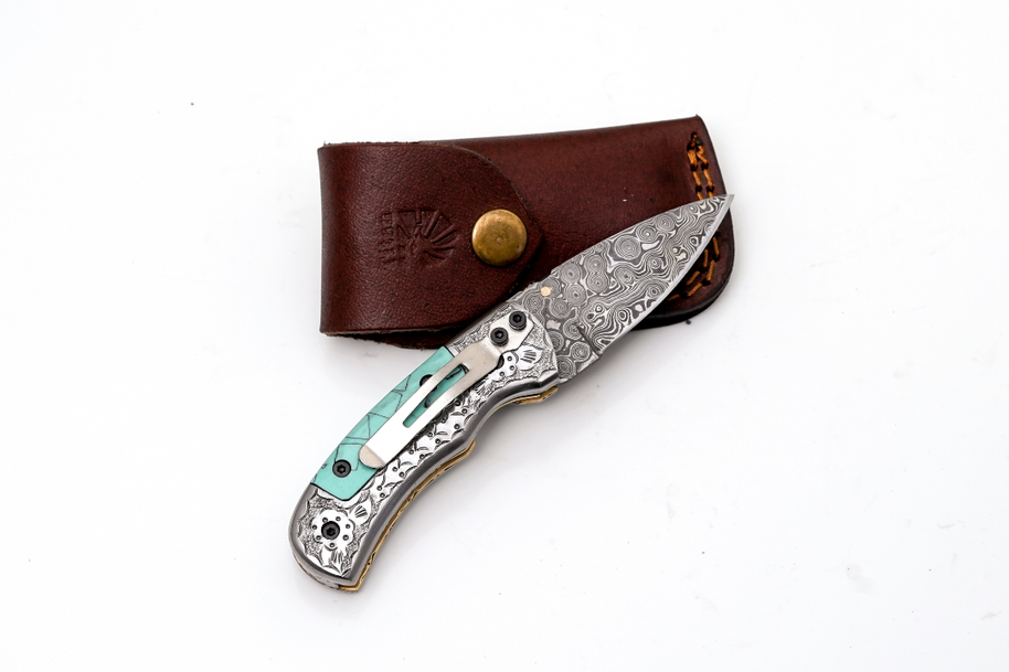 Damascus Folding Knife Turquoise Handle Engraved Bolster