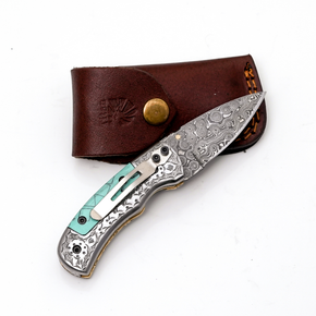 Damascus Folding Knife Turquoise Handle Engraved Bolster