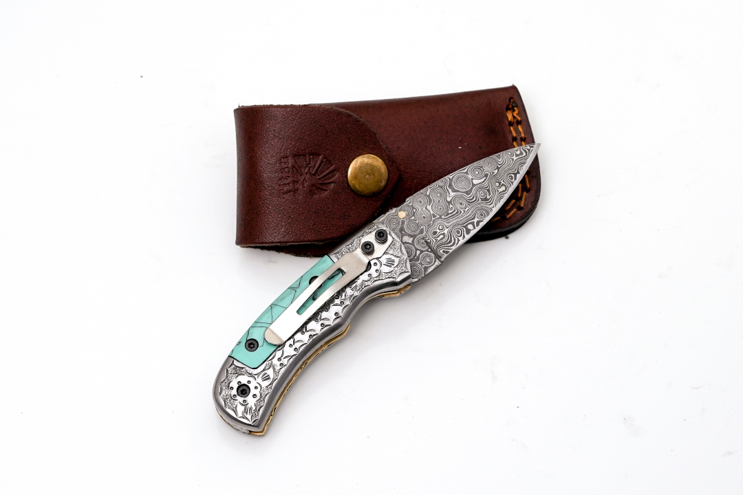 Damascus Folding Knife Turquoise Handle Engraved Bolster