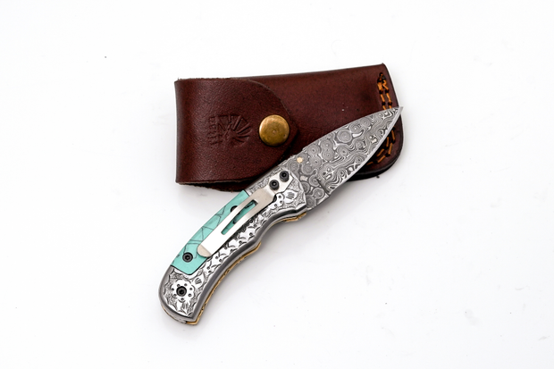 Damascus Folding Knife Turquoise Handle Engraved Bolster