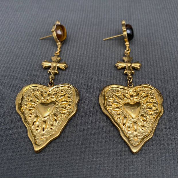 Hammered heart-shaped pattern 18K Golden SS Earrings