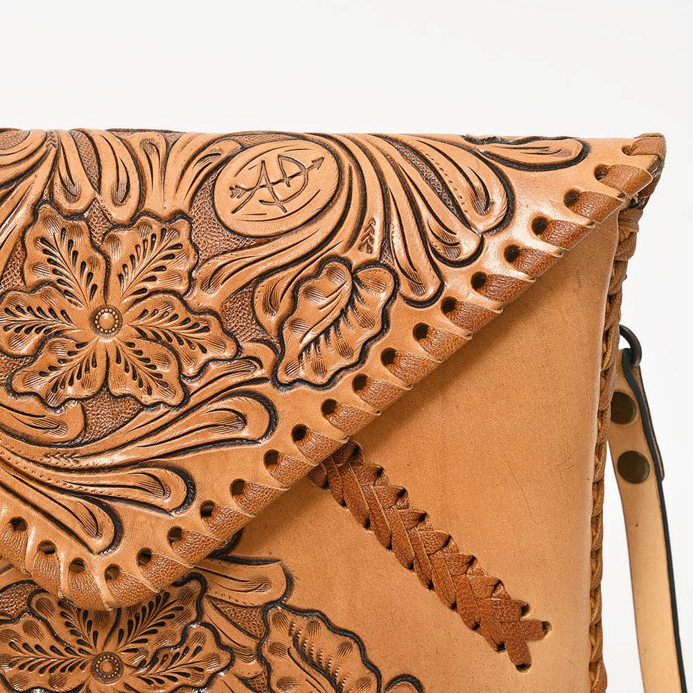 Hand-Tooled Floral Leather Envelope Purse, Multiple Colors