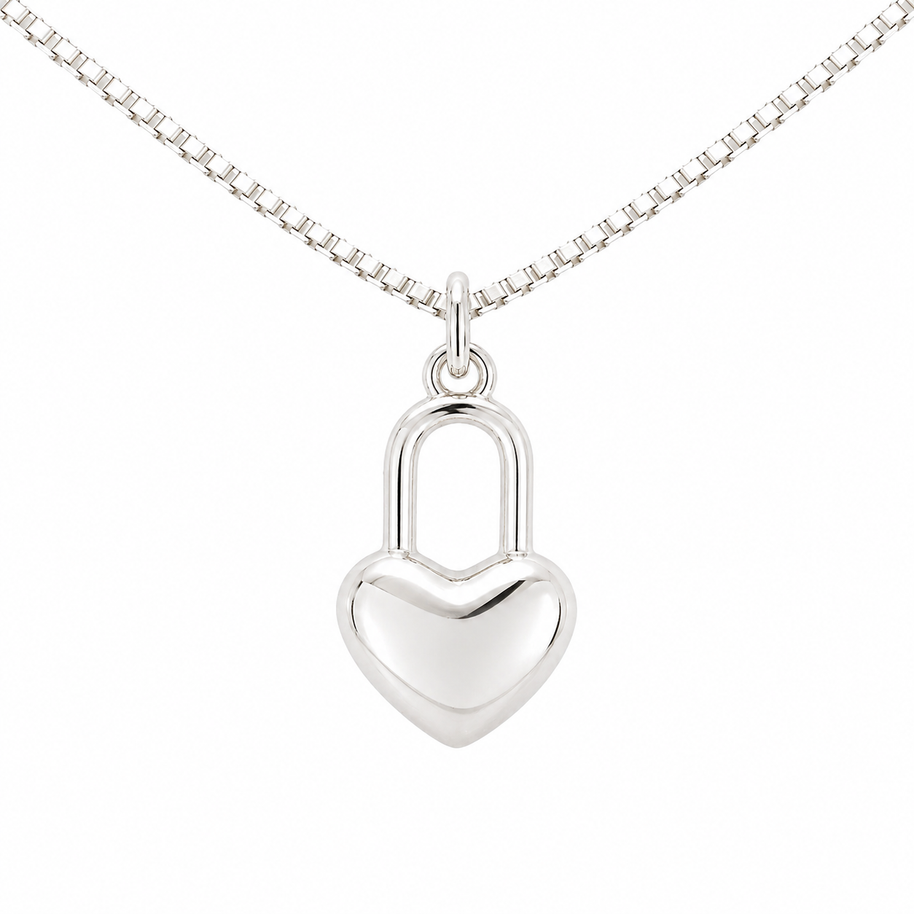 Sterling Silver Rhodium Polished Heart Lock Necklace