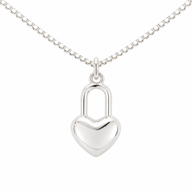 Sterling Silver Rhodium Polished Heart Lock Necklace