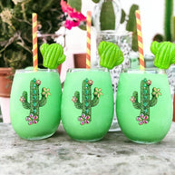 Cactus with Blooms Stemless Wine Glass