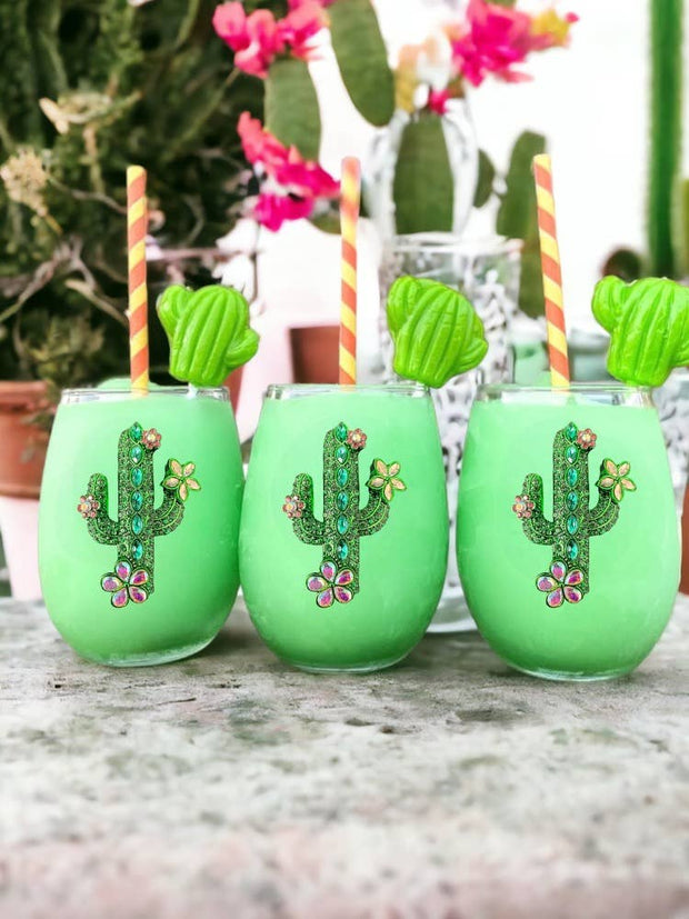 Cactus with Blooms Stemless Wine Glass