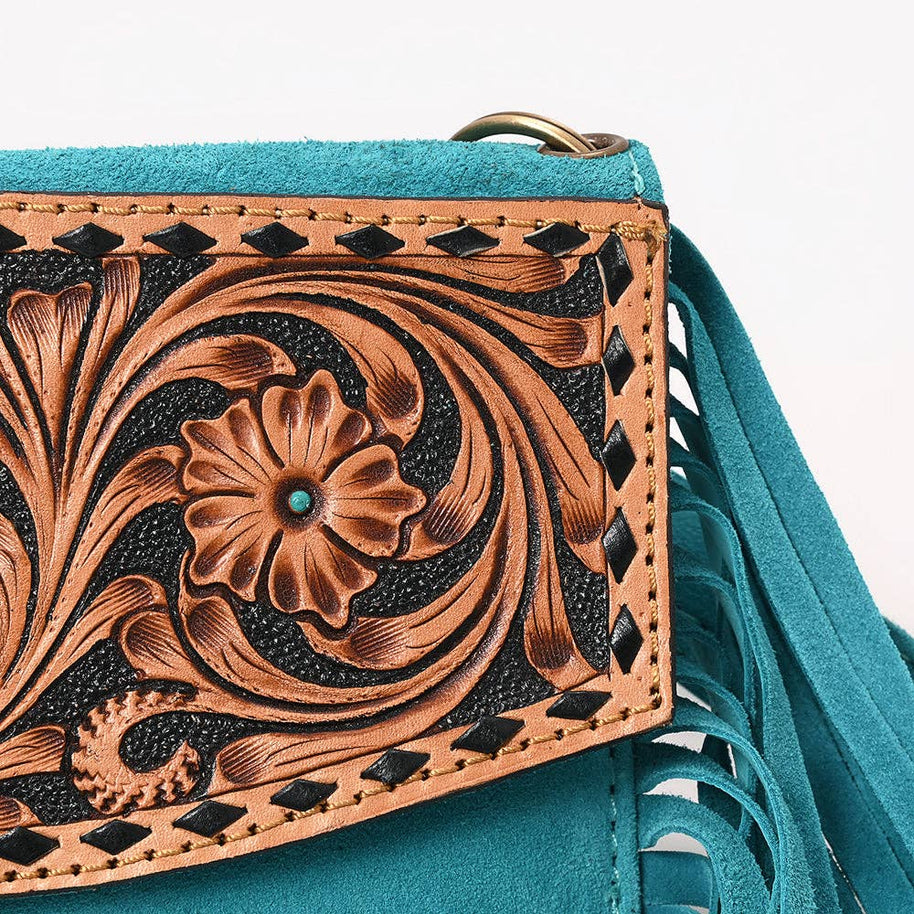 Suede Fringe & Tooled Leather Crossbody, Turquoise