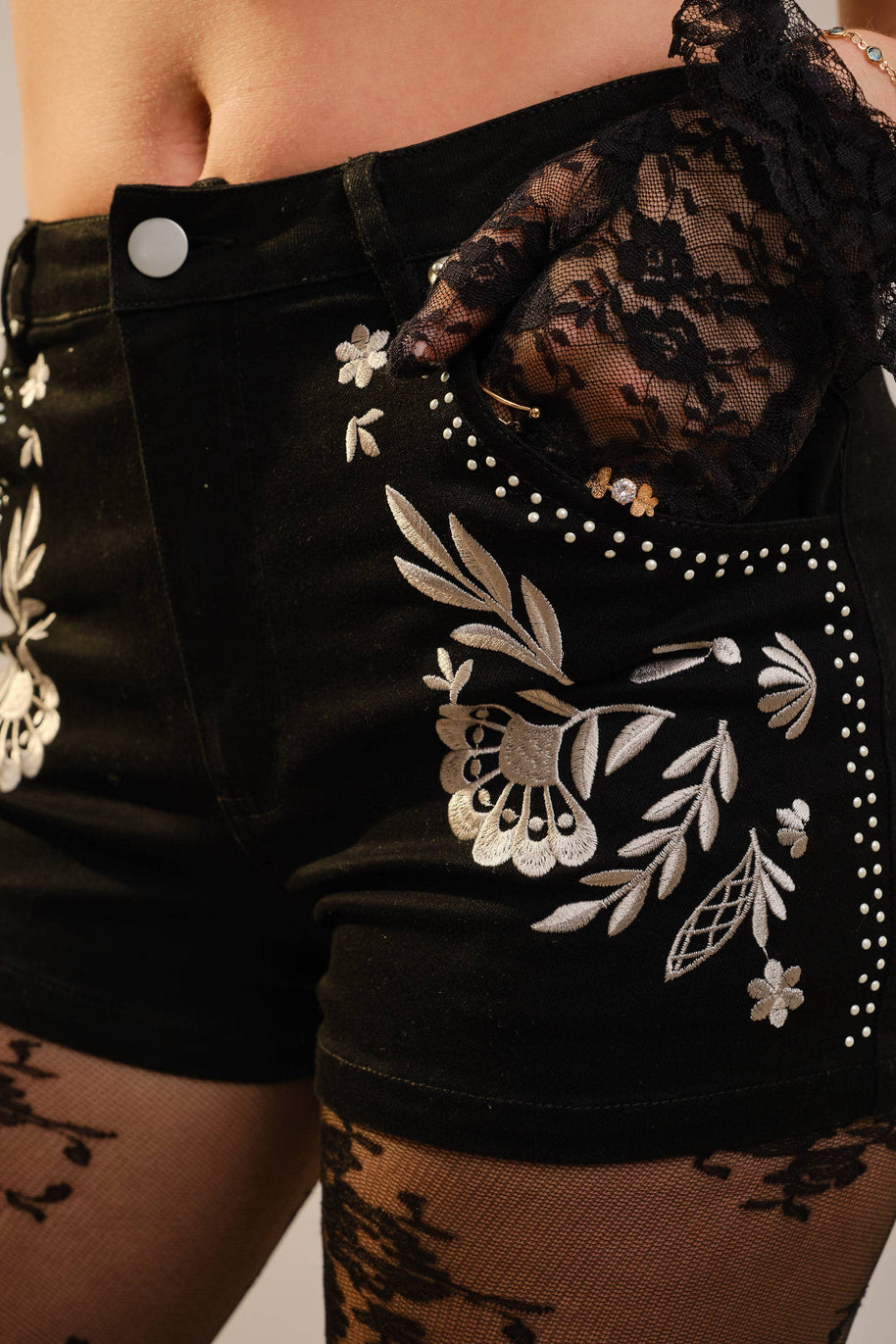 Embroidered Studded Black Denim Shorts