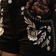 Embroidered Studded Black Denim Shorts