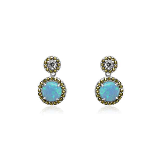 Sterling Silver Opal & CZ Marcasite Earrings