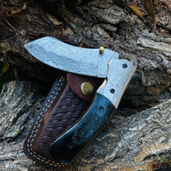 Damascus Steel Folding Knife Wolf Engraved TK-052