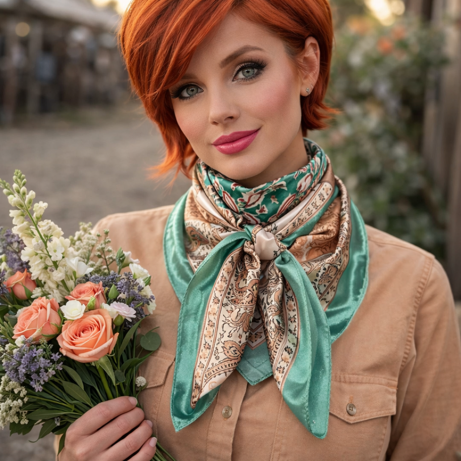 35X35" Teal, Brown and Tan Floral Wild Rag WR3457
