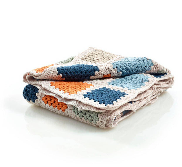 Handmade Granny Square Baby Blanket, Blue & Orange