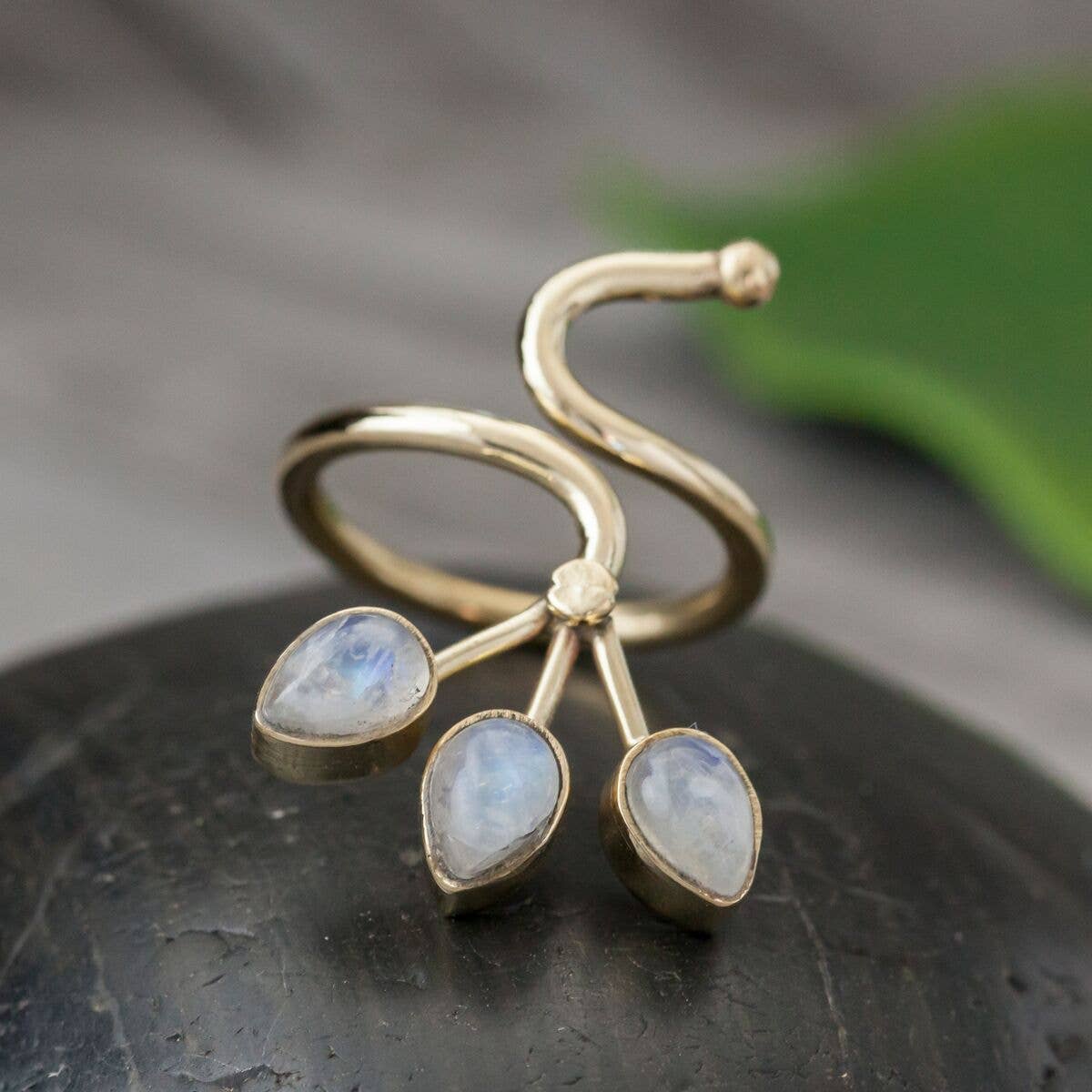 Adjustable Brass Triple Blossom Moonstone Ring