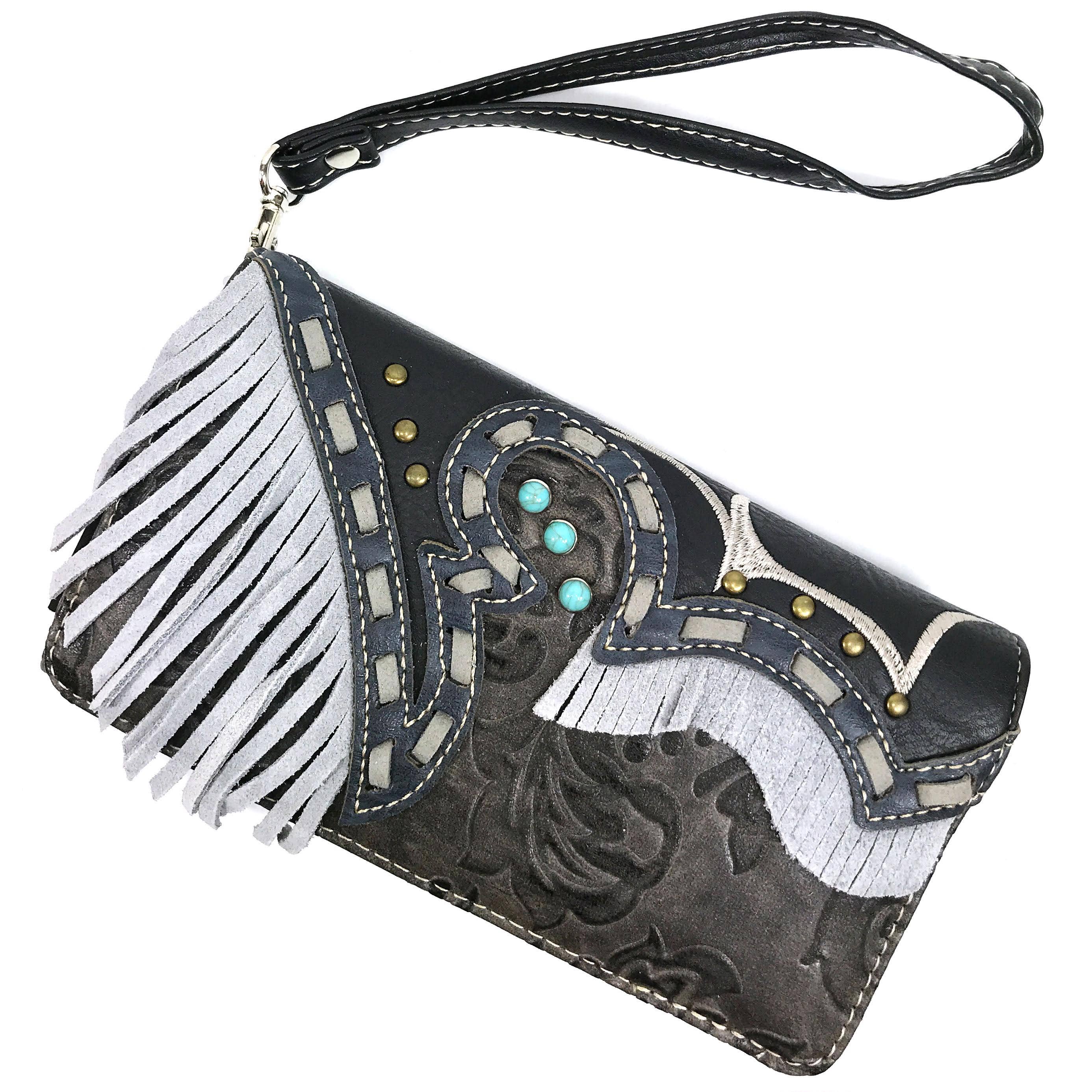 Suede Fringe Western Floral Crossbody Wallet