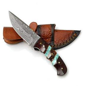 Hand-Forged Damascus Steel Skinner | Custom Amber Honeycomb & Turquoise Handle | Premium Western Field Knife TK-465