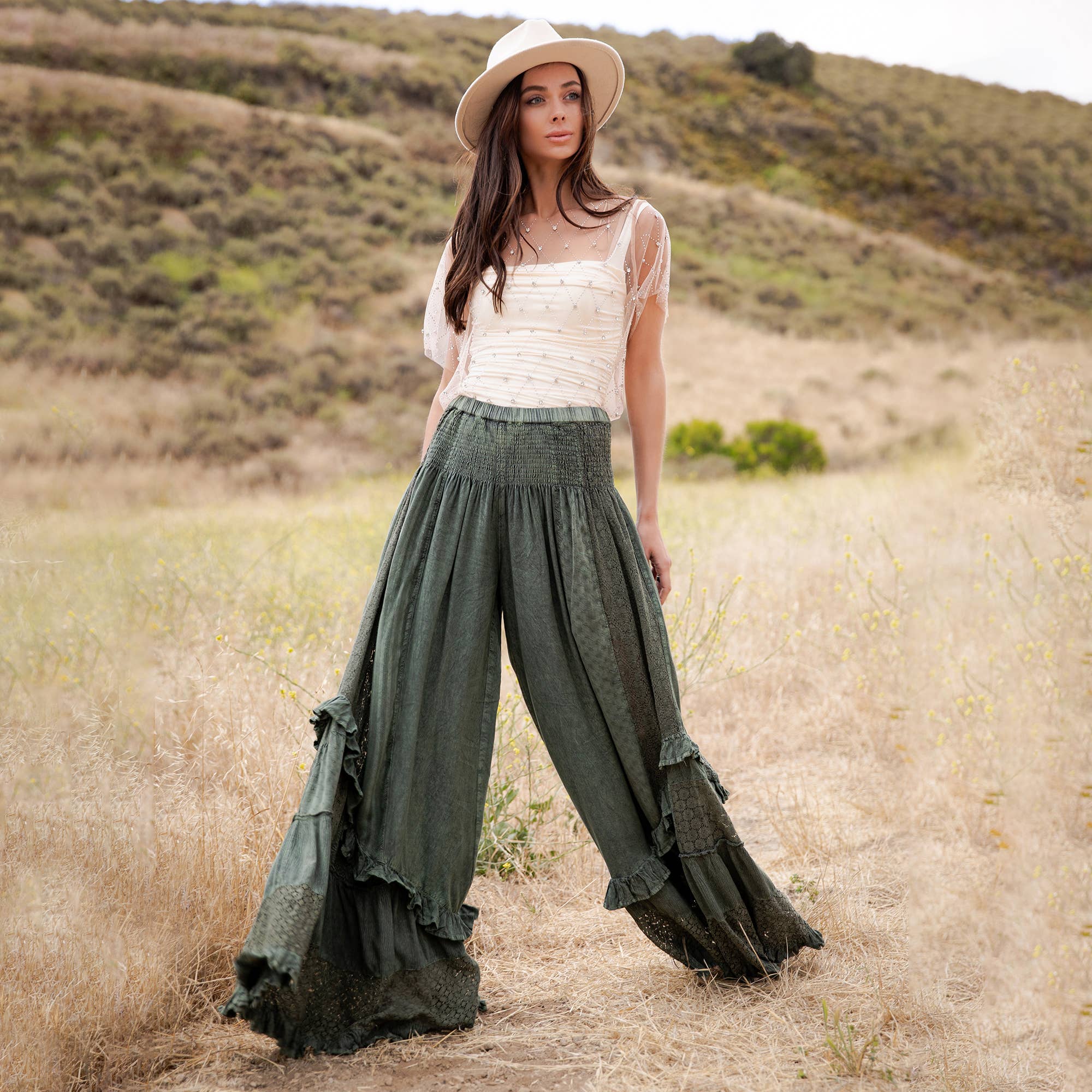 Mineral Wash Lace Tiered Ruffle Pants