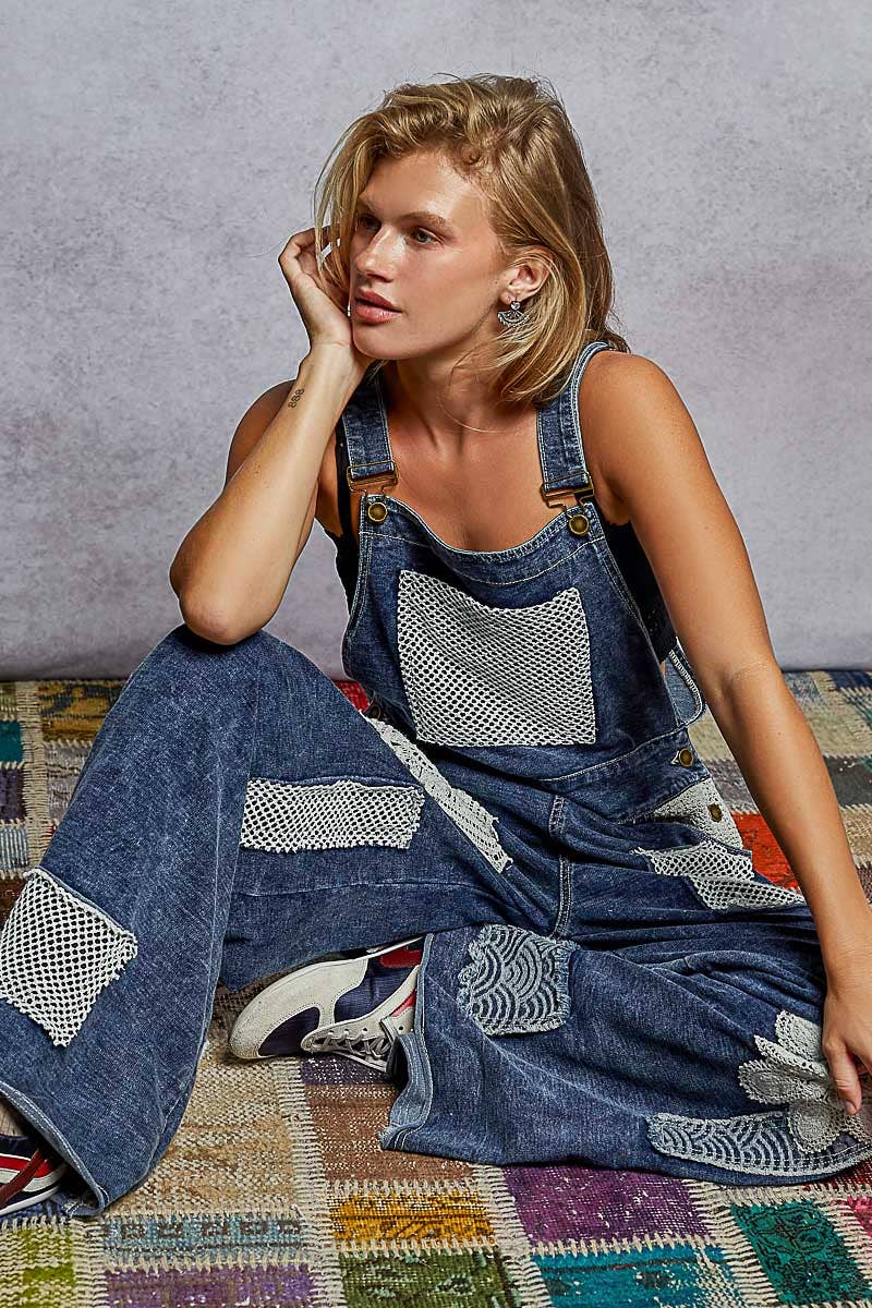 Crochet contrast patch overalls