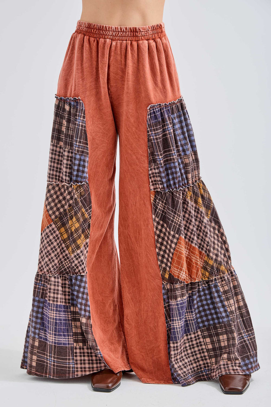 Mineral Washed Tiered Plaid Wide Flare pants HP6675
