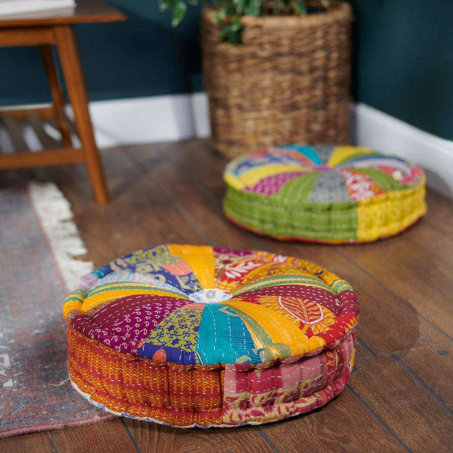 Round Kantha Floor Pillow