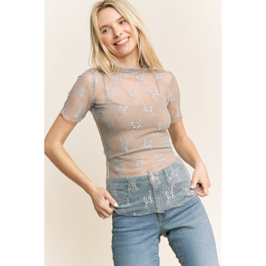 Lace Short Sleeve Shirt, S-3X