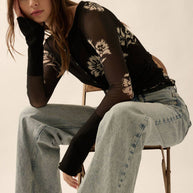 Floral-Print Mesh Raglan-Sleeve Henley Top