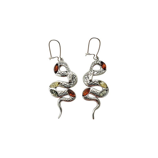 Multi-Color Amber Sterling Silver Snake Earrings on Hooks