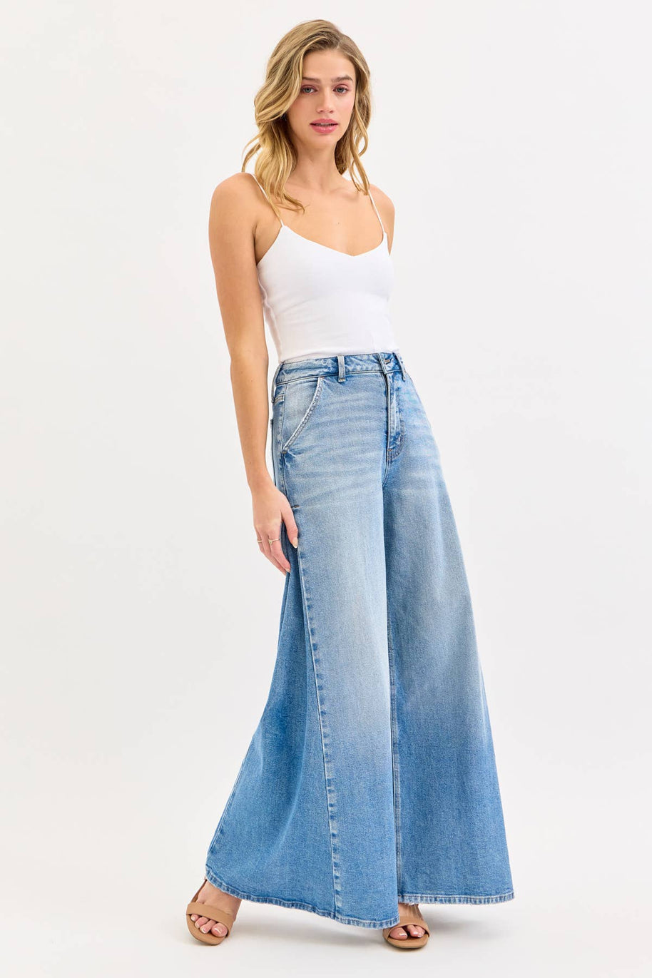 High Rise Wide Leg Jeans with Tucked Side Panel
