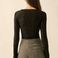 Lace Raglan-Sleeve Henley Top, Black