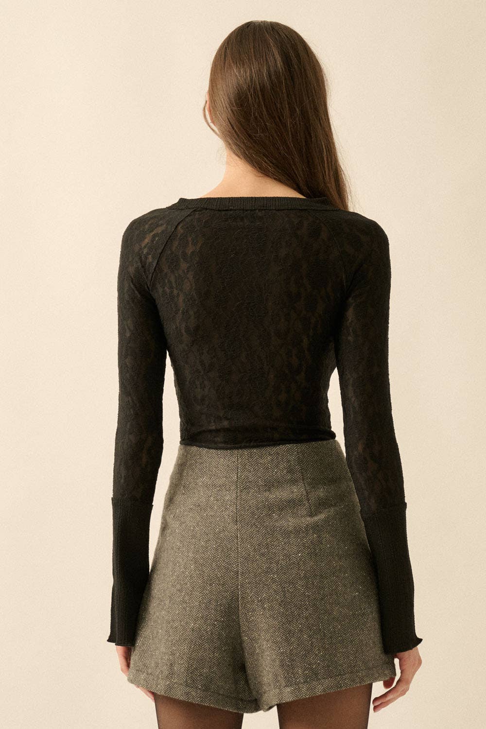 Lace Raglan-Sleeve Henley Top, Black