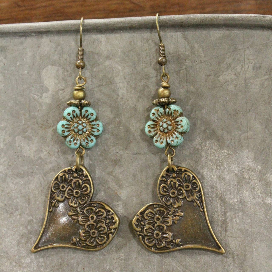 Czech & Bronze Mint Heart Charm Dangle Earrings