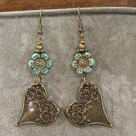 Czech & Bronze Mint Heart Charm Dangle Earrings