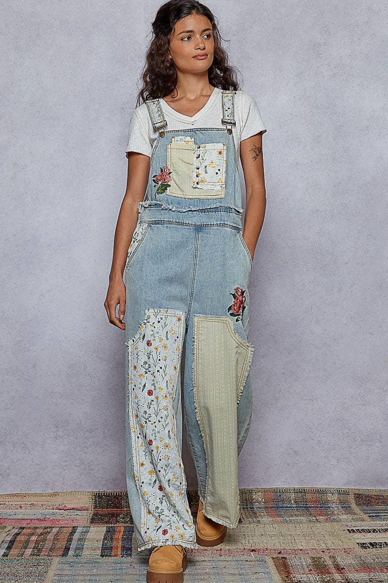 Pol Clothing Floral Patchwork Embroidery Overall