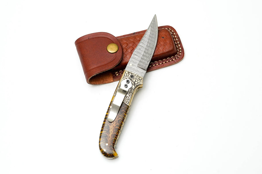 Damascus Pocket Knife, Engraved Eagle Bolster & Amber Pine Cone Handle