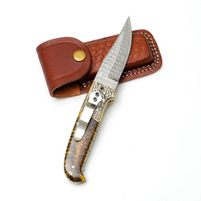 Damascus Pocket Knife, Engraved Eagle Bolster & Amber Pine Cone Handle