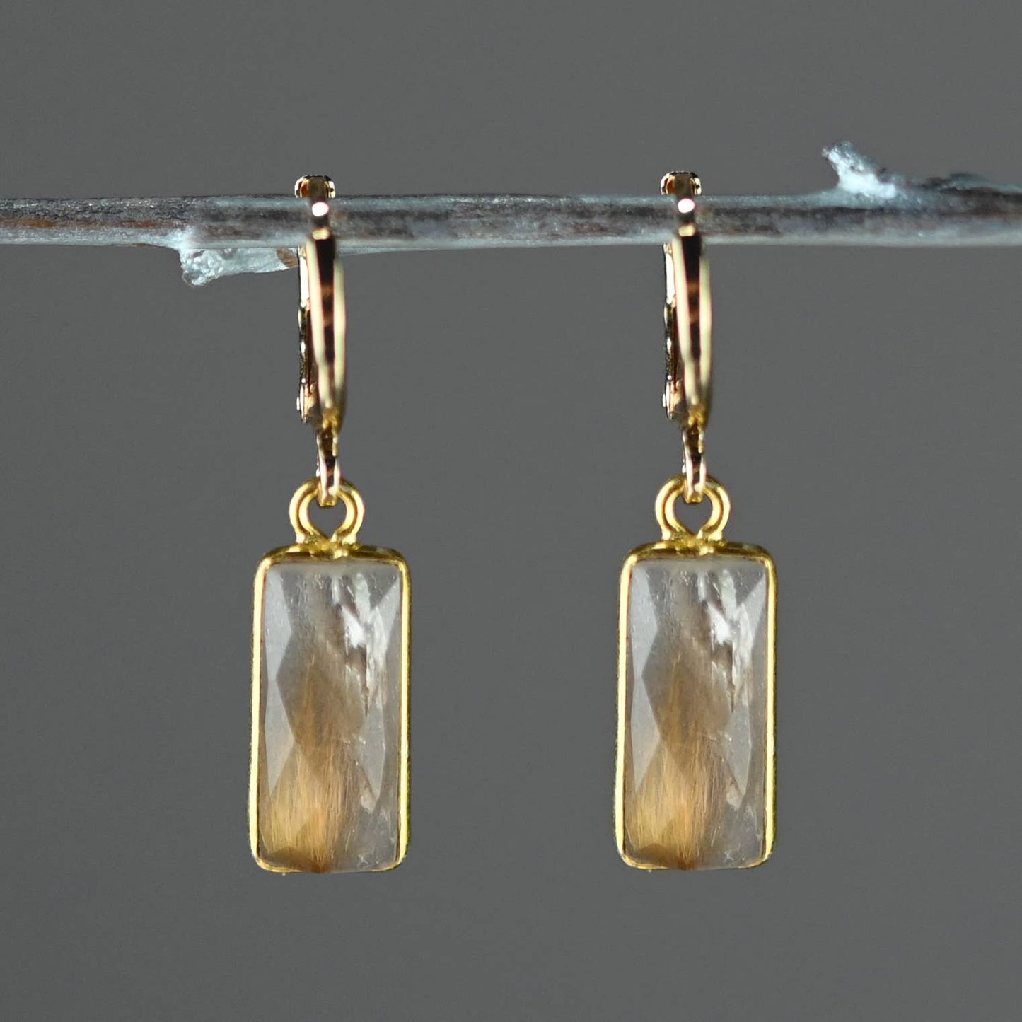 Golden Huggie with Rectangle Semi Precious Earrings