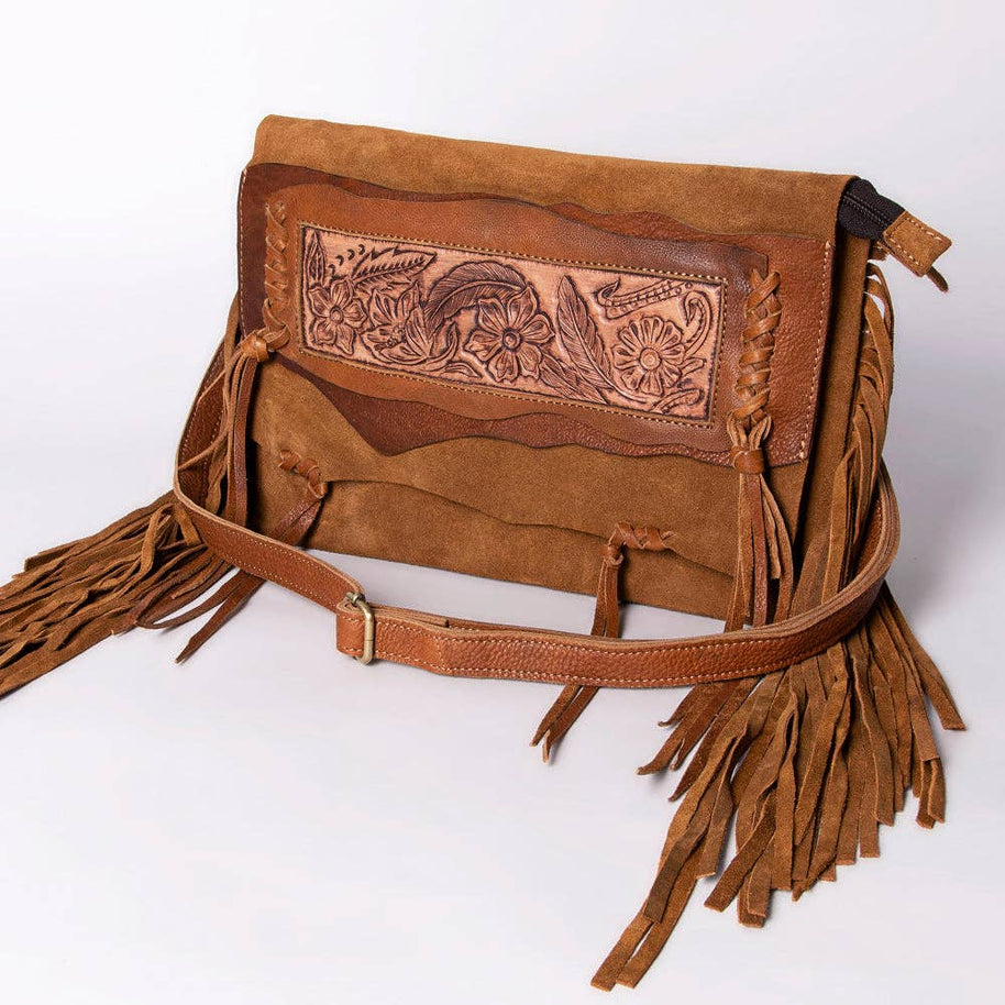 Suede Leather & Fringe Purse Clutch, Caramel