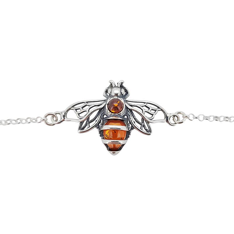 Cognac Amber Sterling Silver Bee Link Bracelet