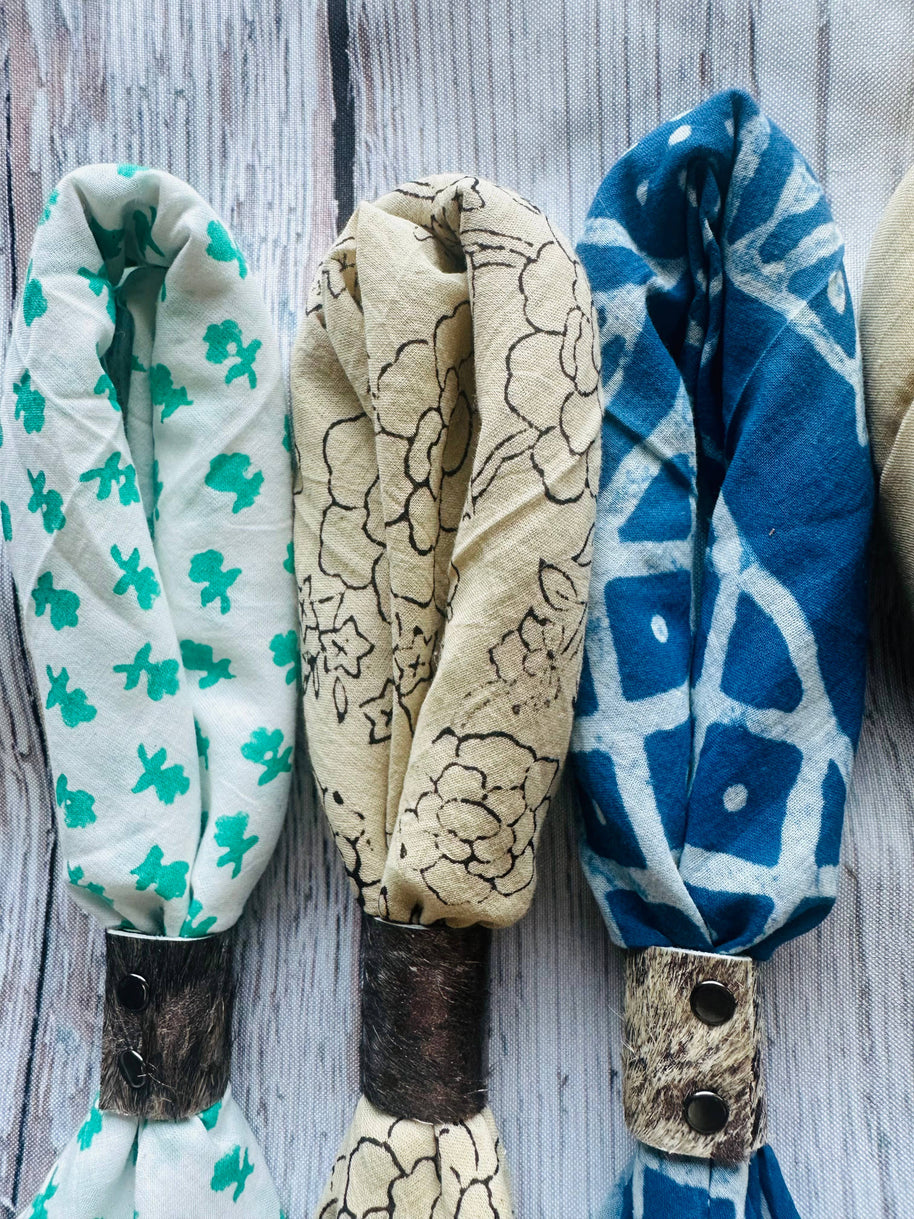 Boho Bandanas With Cowhide Leather Slides