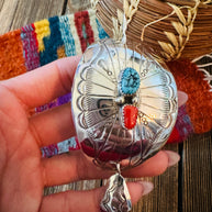 Handcrafted Turquoise, Coral & Sterling Silver Concho Hair Pin