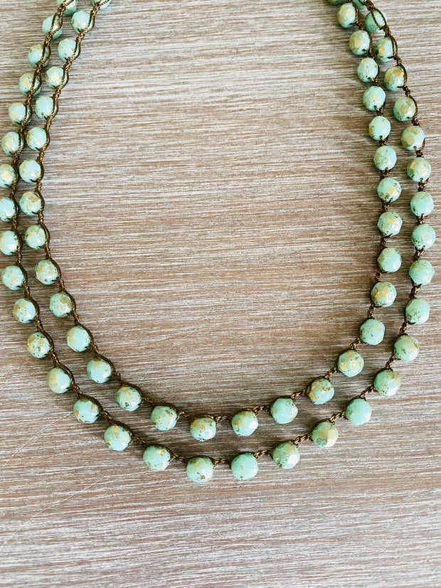 Long Golden Mint Crystal Necklace To Wear Long or Wrapped