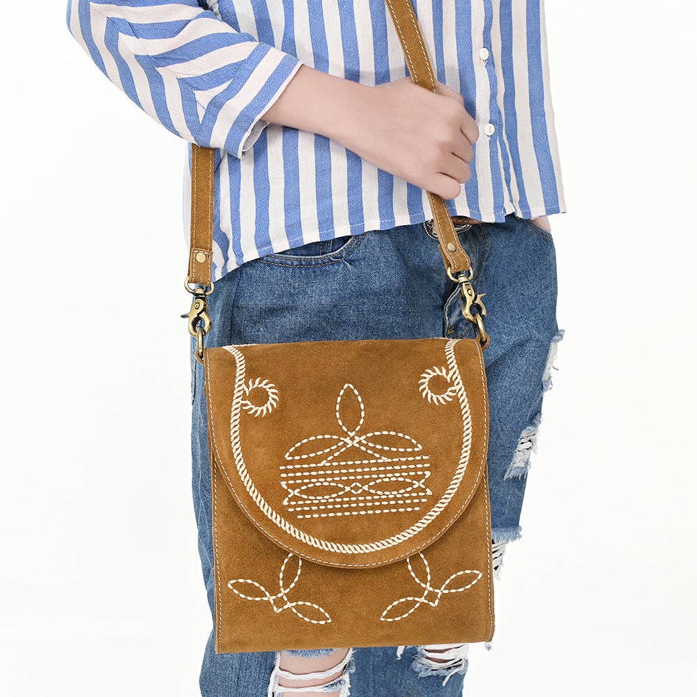 Western Flap Crossbody Bag with White Rope & Floral Stitch