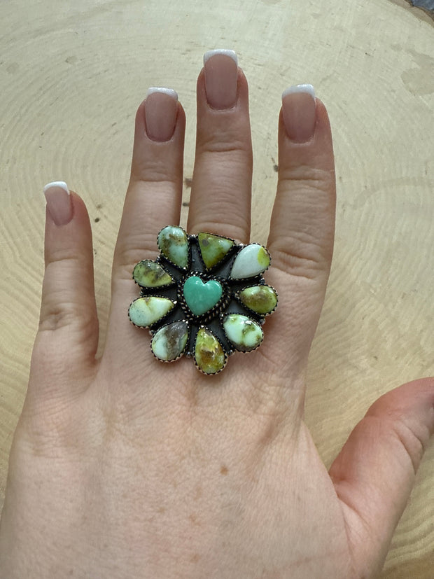 Beautiful Handmade Palomino Turquoise, Paloma Turquoise And Sterling Silver Adjustable Heart  Ring