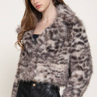 Long Sleeve Notched Collar Printed Faux Fur Jacket