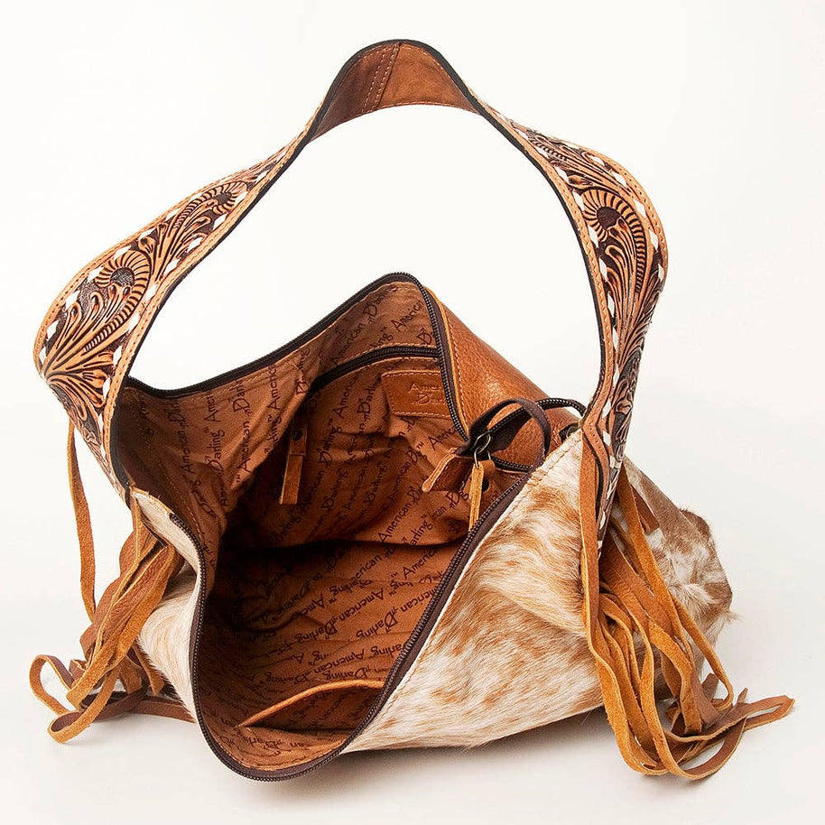 American Darling Hobo Bag Light Hair-On Hide with Tooled Leather Strap & Fringe